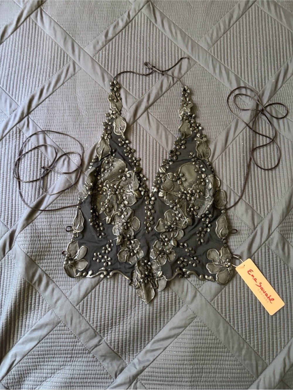 Ema Savahl Couture NWT Black Floral Mesh Halter Tie Back Top Sheer Applique